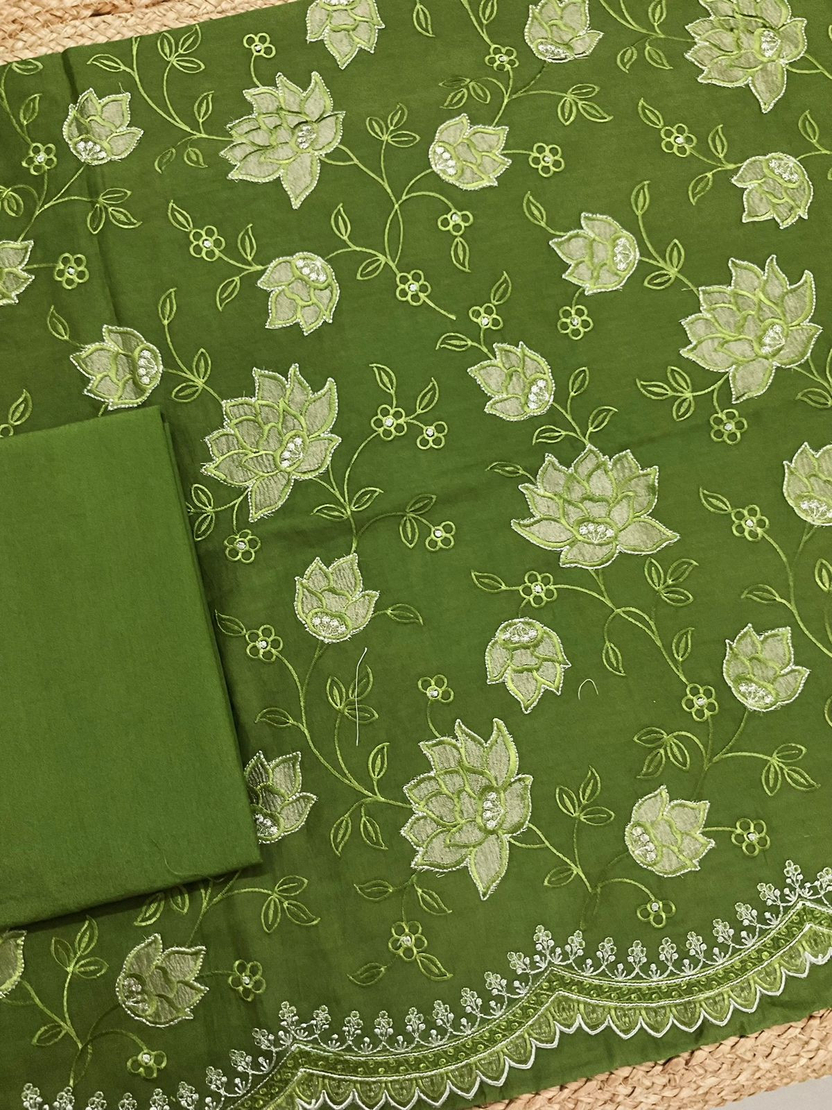 Pure Mul Chanderi Embroidered Suit - Green