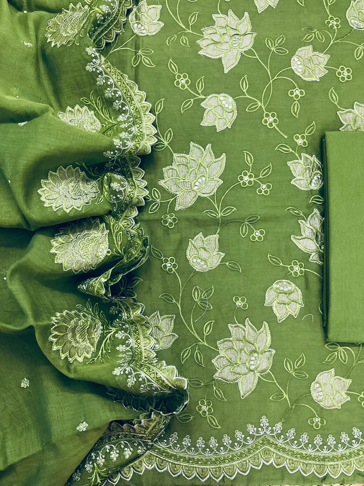 Pure Mul Chanderi Embroidered Suit - Green