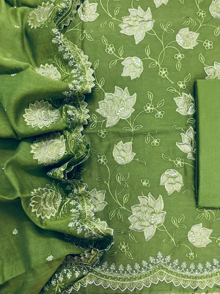 Image of Pure Mul Chanderi Embroidered Suit - Green
