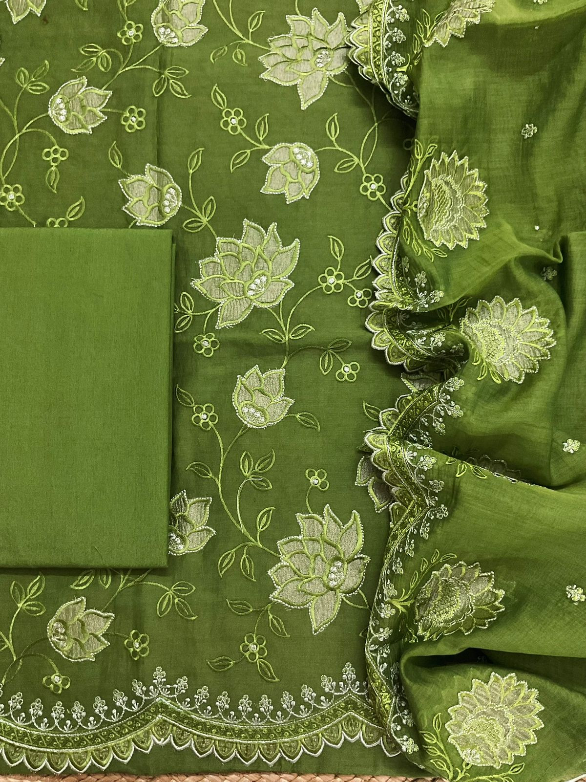 Pure Mul Chanderi Embroidered Suit - Green