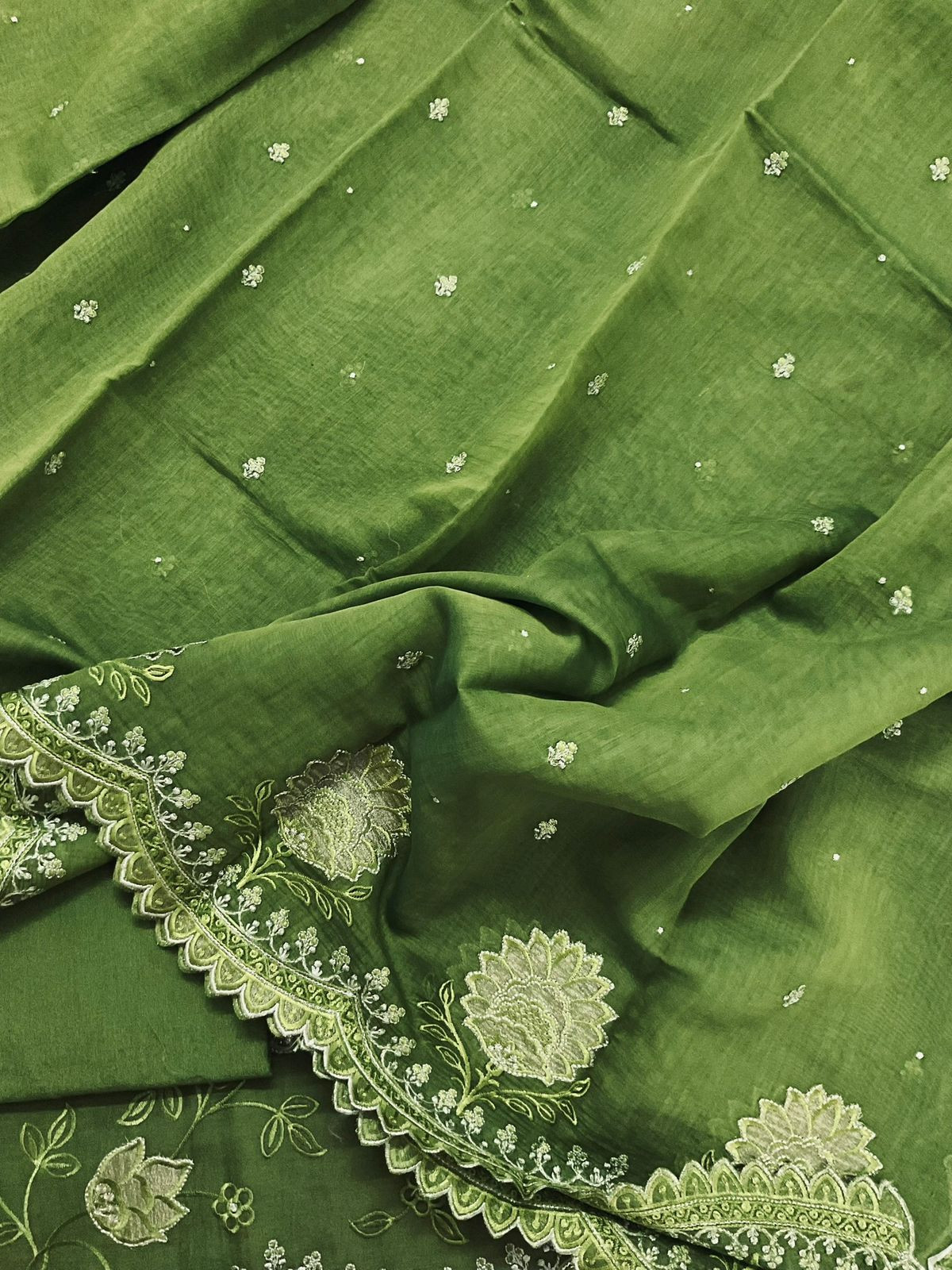 Pure Mul Chanderi Embroidered Suit - Green