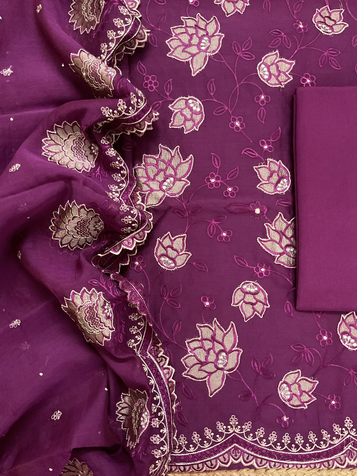 Pure Mul Chanderi Embroidered Suit - Wine