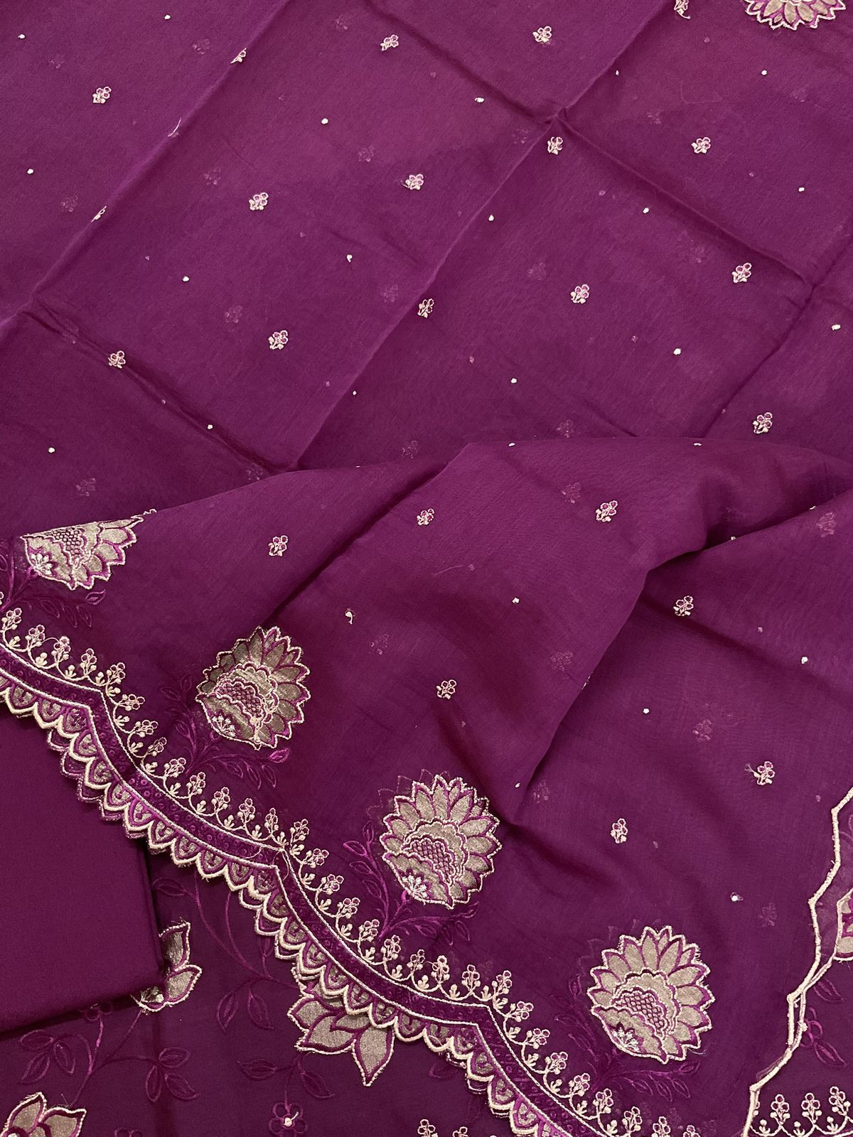 Pure Mul Chanderi Embroidered Suit - Wine