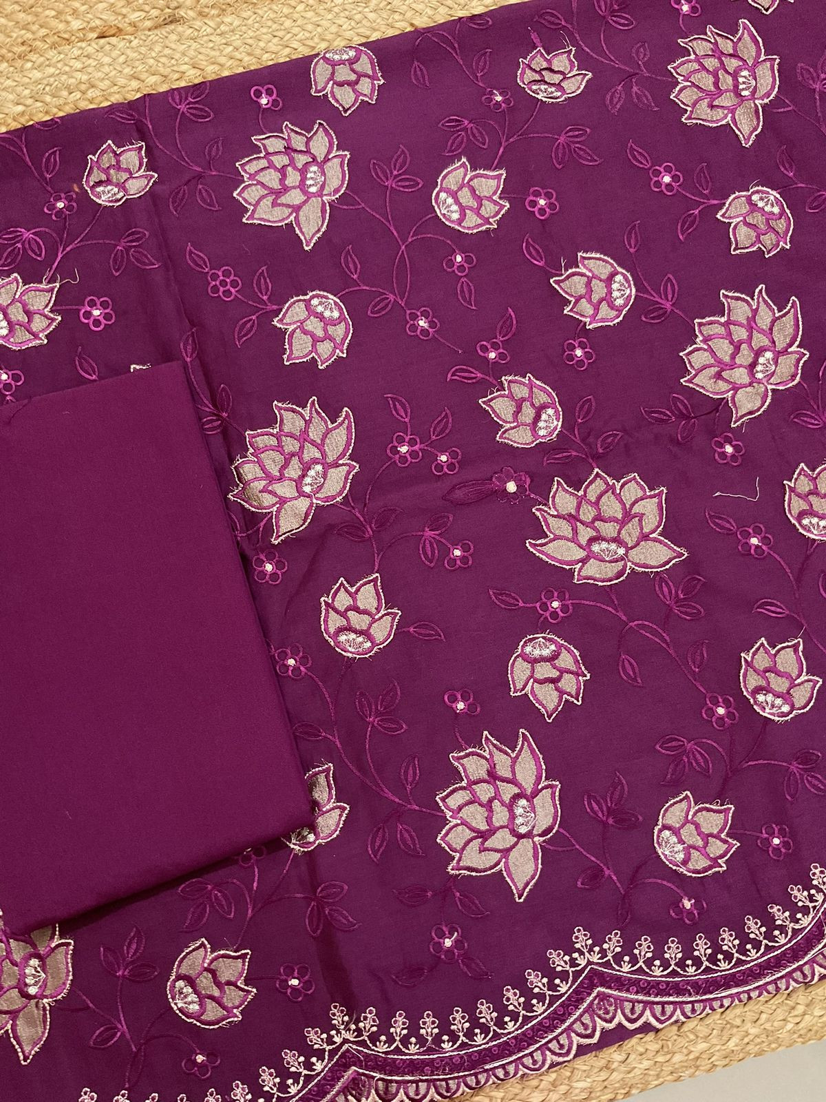 Pure Mul Chanderi Embroidered Suit - Wine