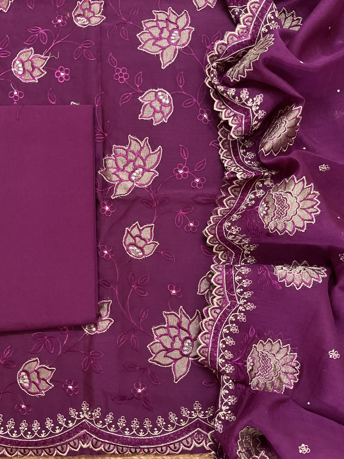 Pure Mul Chanderi Embroidered Suit - Wine