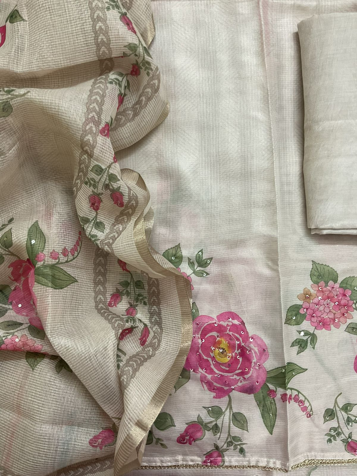 Soft Tissue Kota Silk Printed Embroidered Suit - Cream