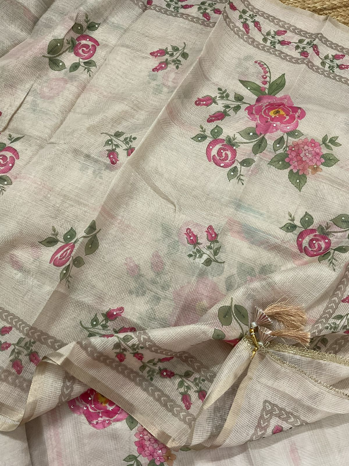 Soft Tissue Kota Silk Printed Embroidered Suit - Cream