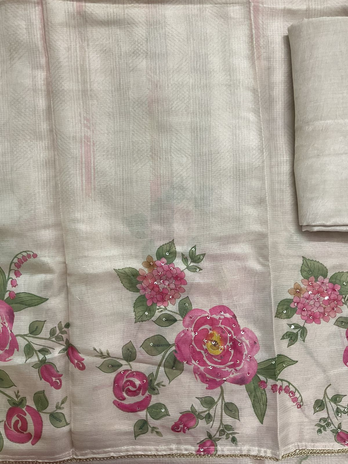 Soft Tissue Kota Silk Printed Embroidered Suit - Cream