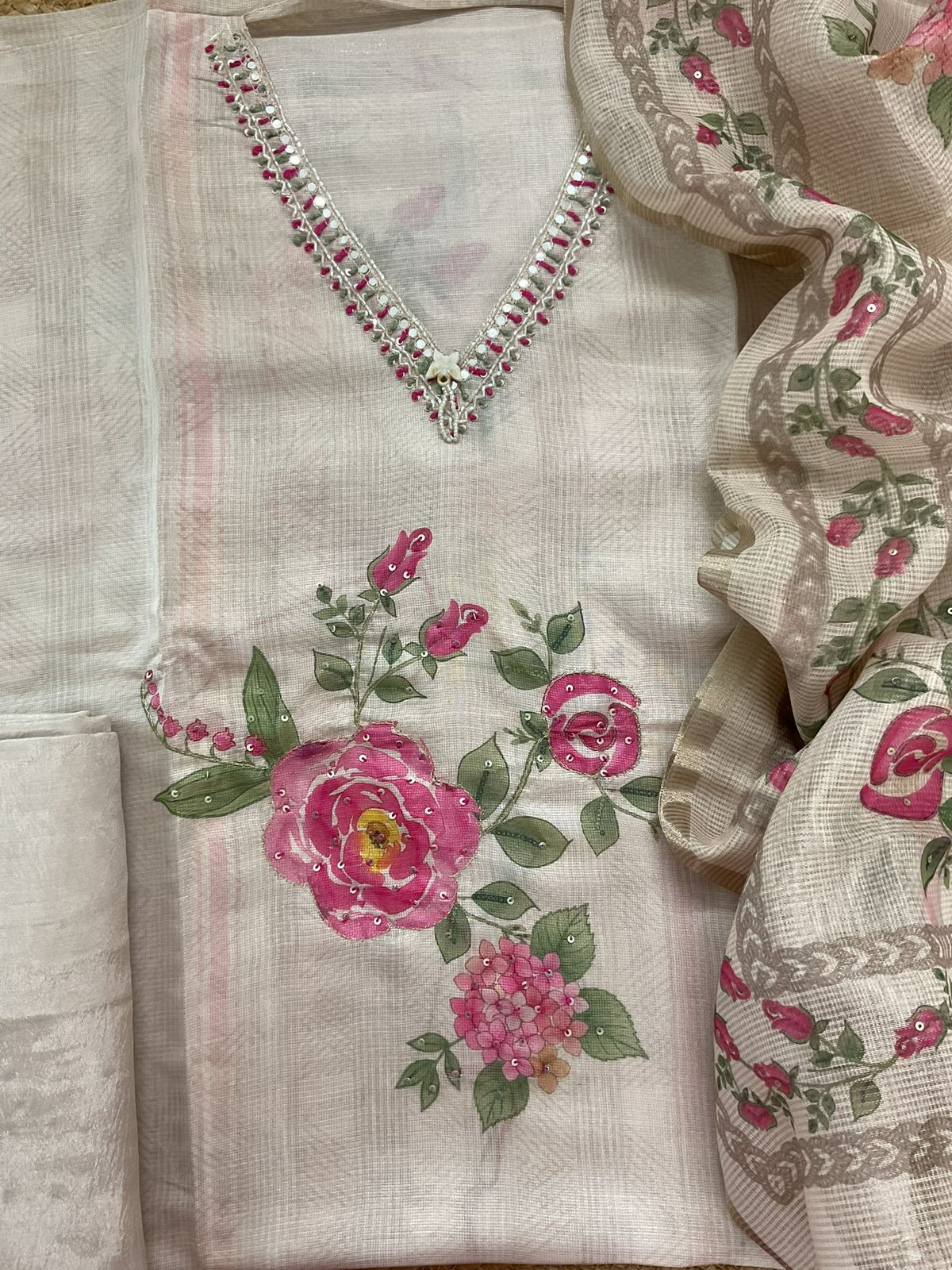 Soft Tissue Kota Silk Printed Embroidered Suit - Cream
