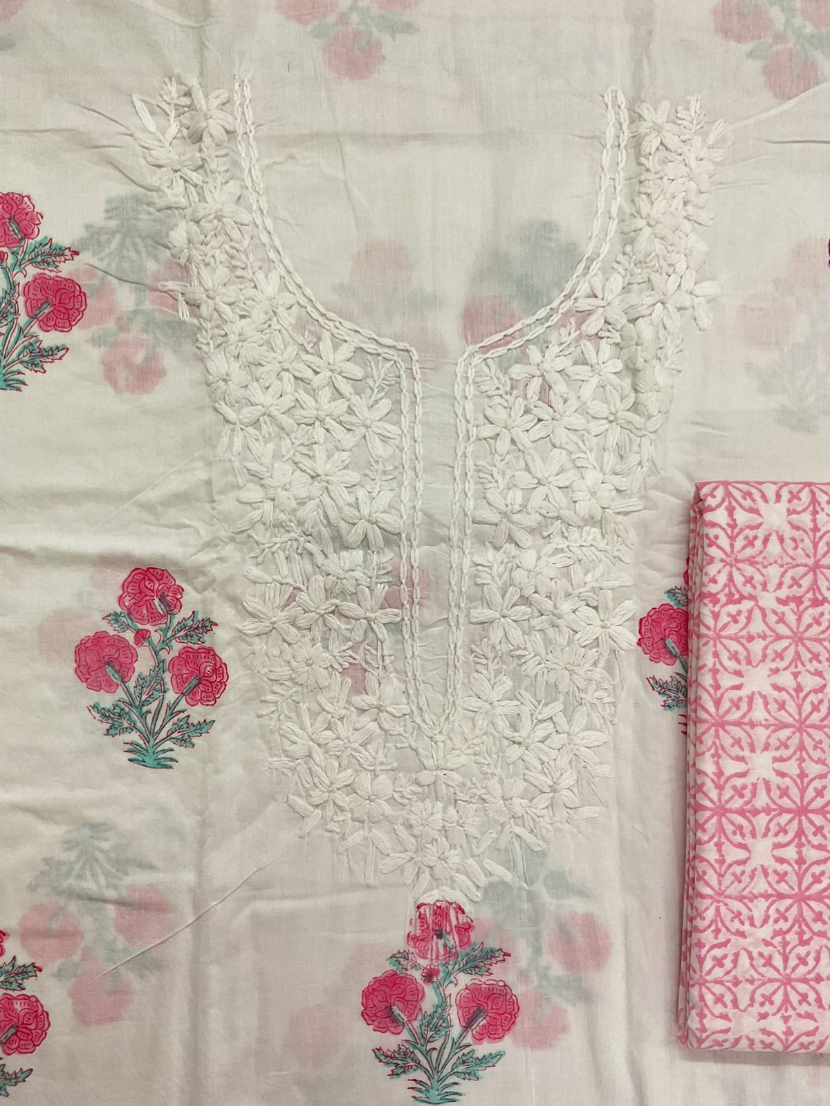 Pure Cotton Printed Embroidered Suit - White