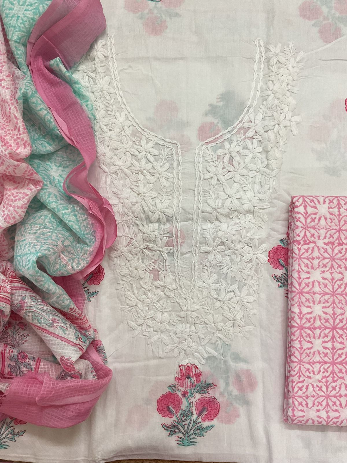 Pure Cotton Printed Embroidered Suit - White