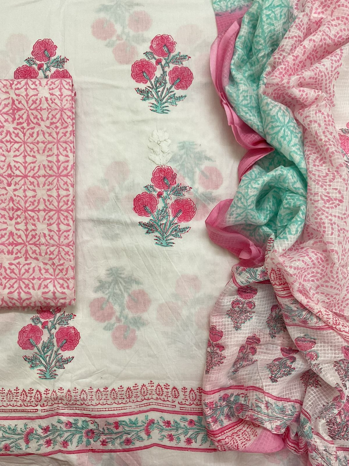 Pure Cotton Printed Embroidered Suit - White