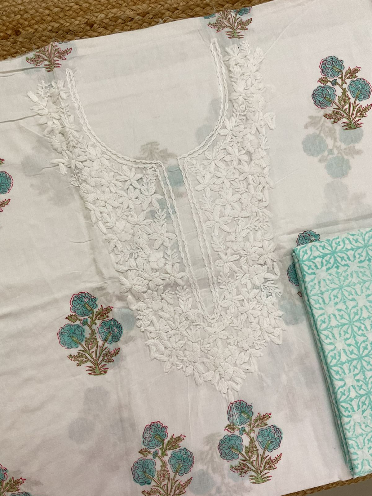 Pure Cotton Printed Embroidered Suit - White