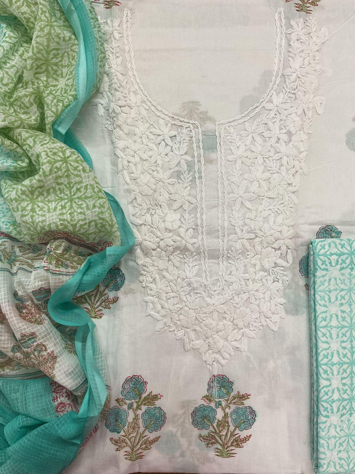 Pure Cotton Printed Embroidered Suit - White