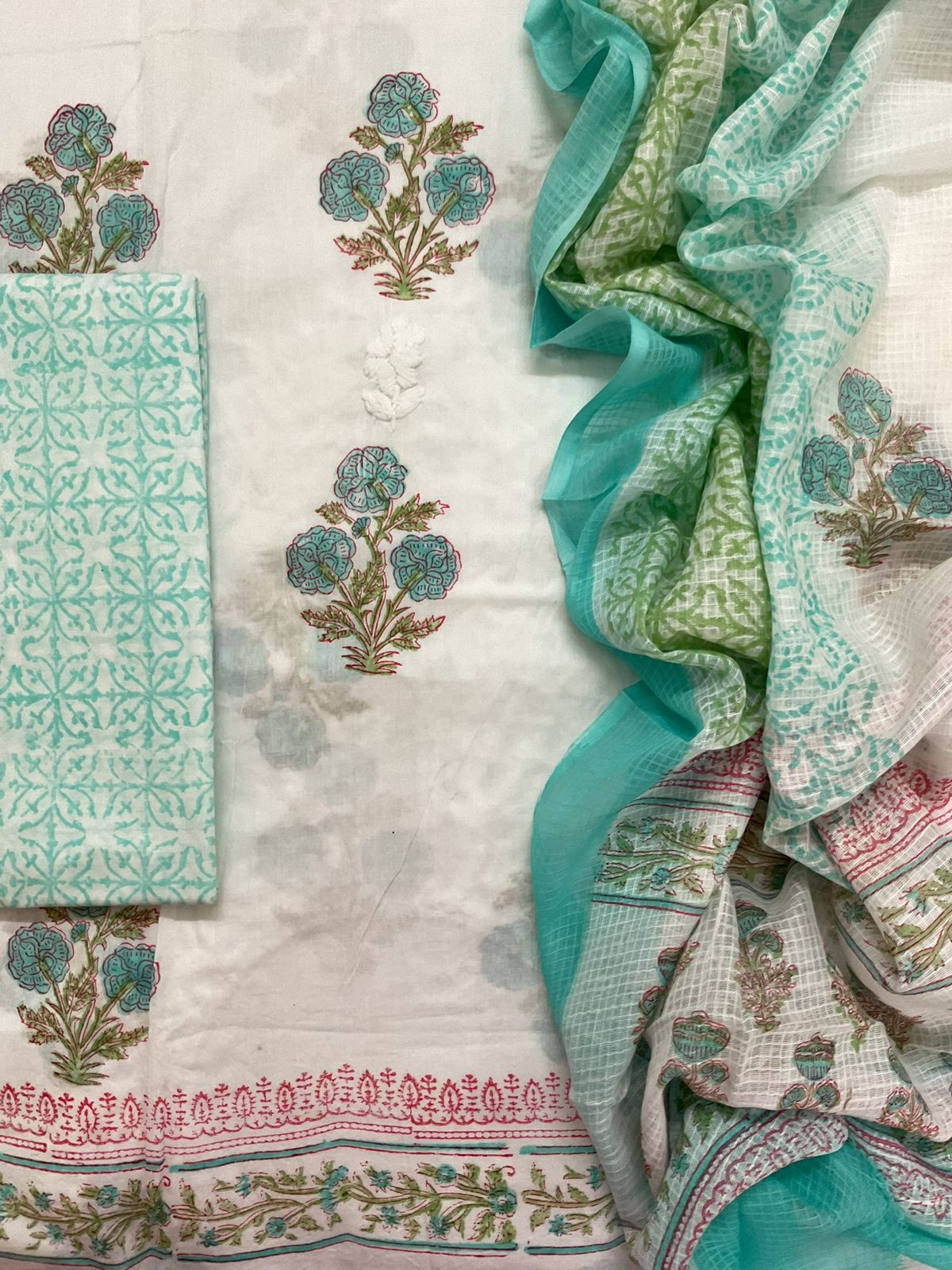 Pure Cotton Printed Embroidered Suit - White