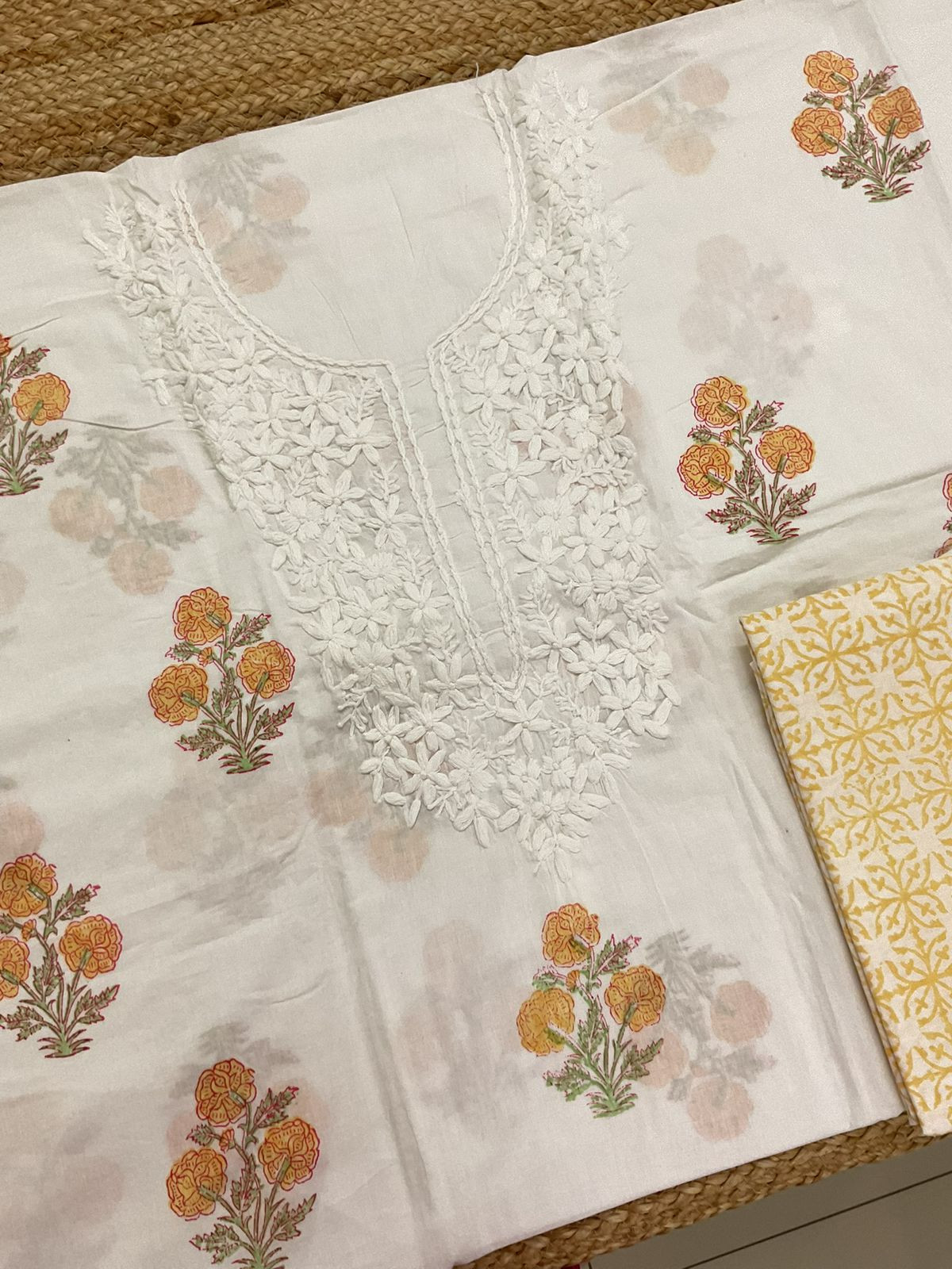 Pure Cotton Printed Embroidered Suit - White