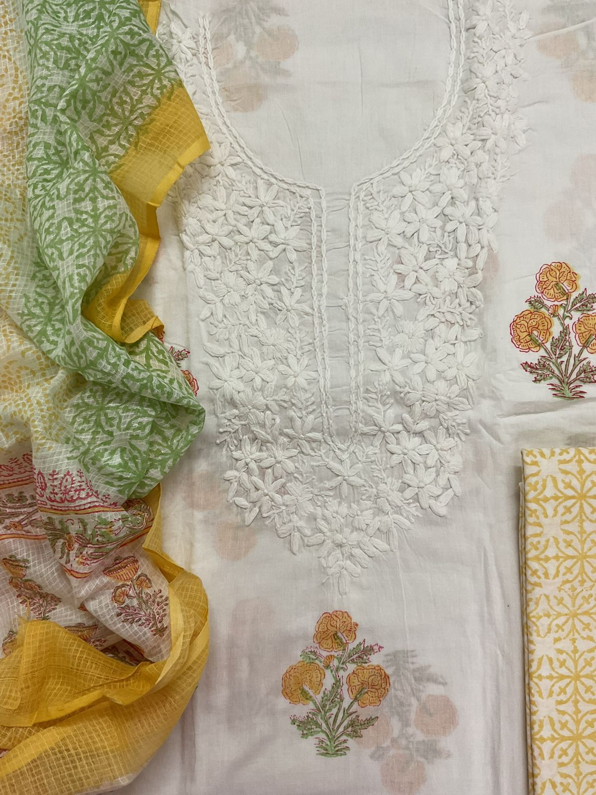 Pure Cotton Printed Embroidered Suit - White