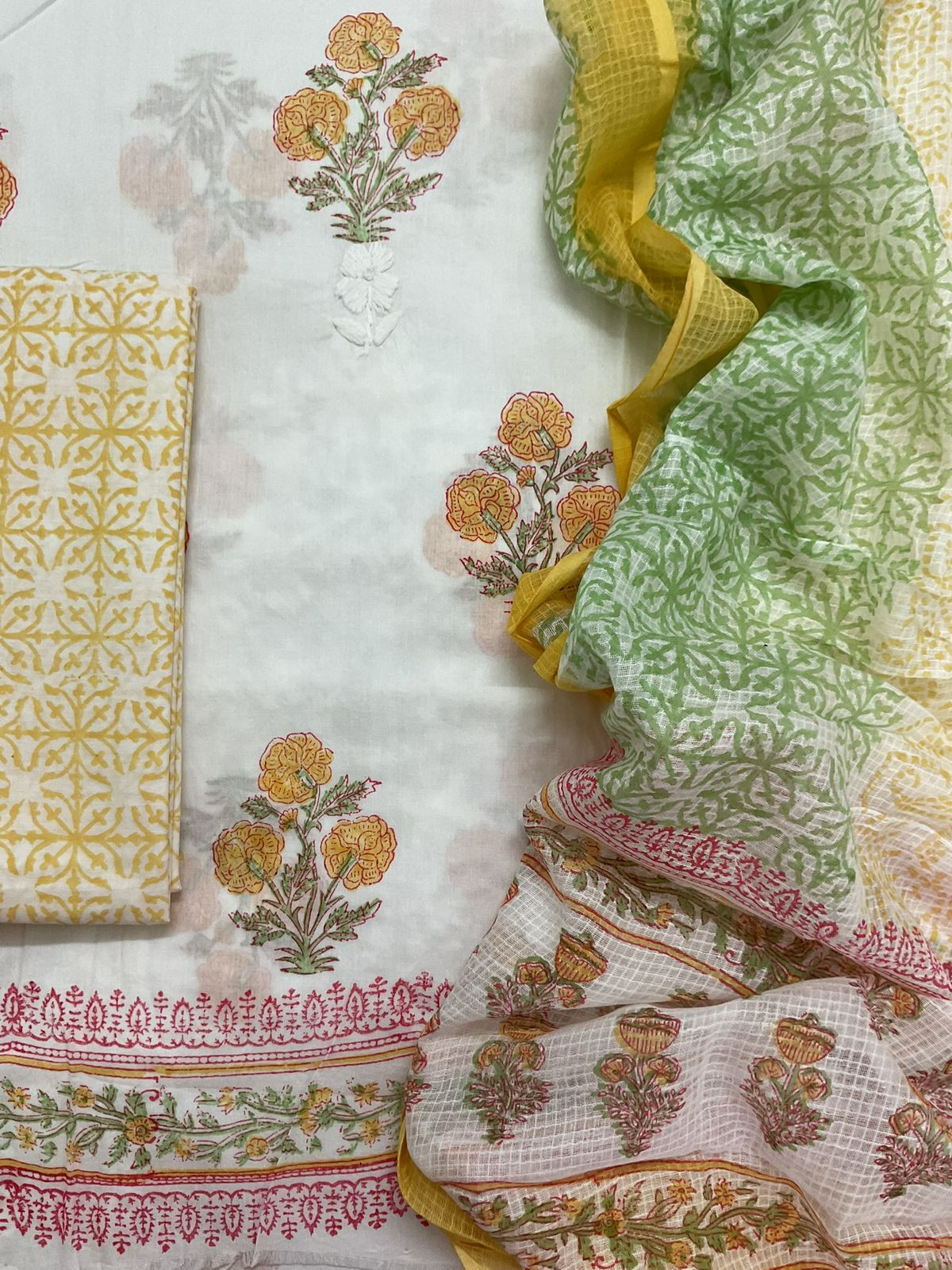 Pure Cotton Printed Embroidered Suit - White