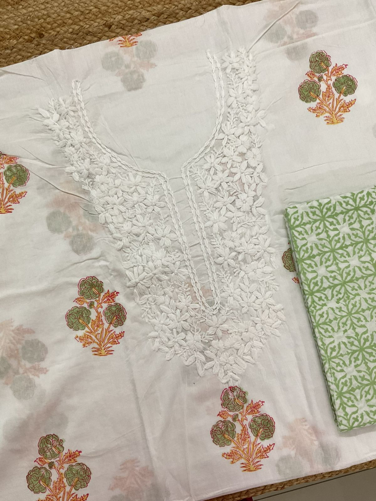 Pure Cotton Printed Embroidered Suit - White