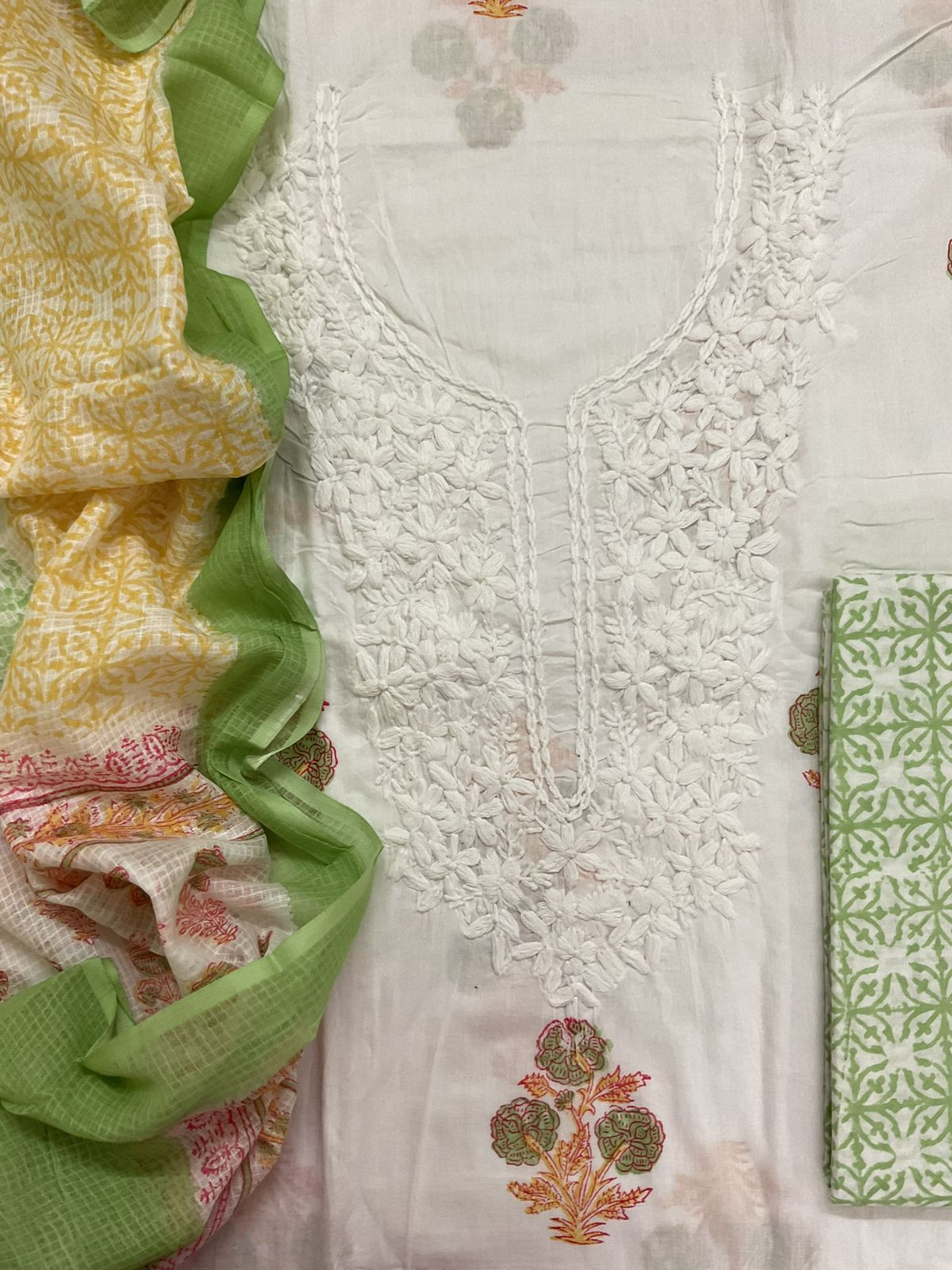 Pure Cotton Printed Embroidered Suit - White