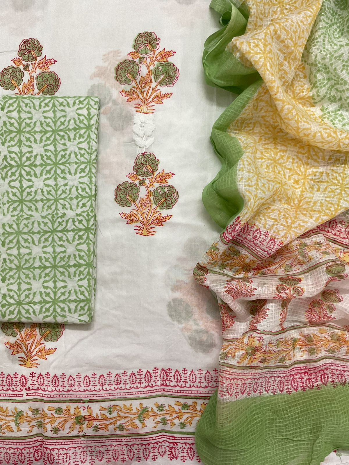 Pure Cotton Printed Embroidered Suit - White