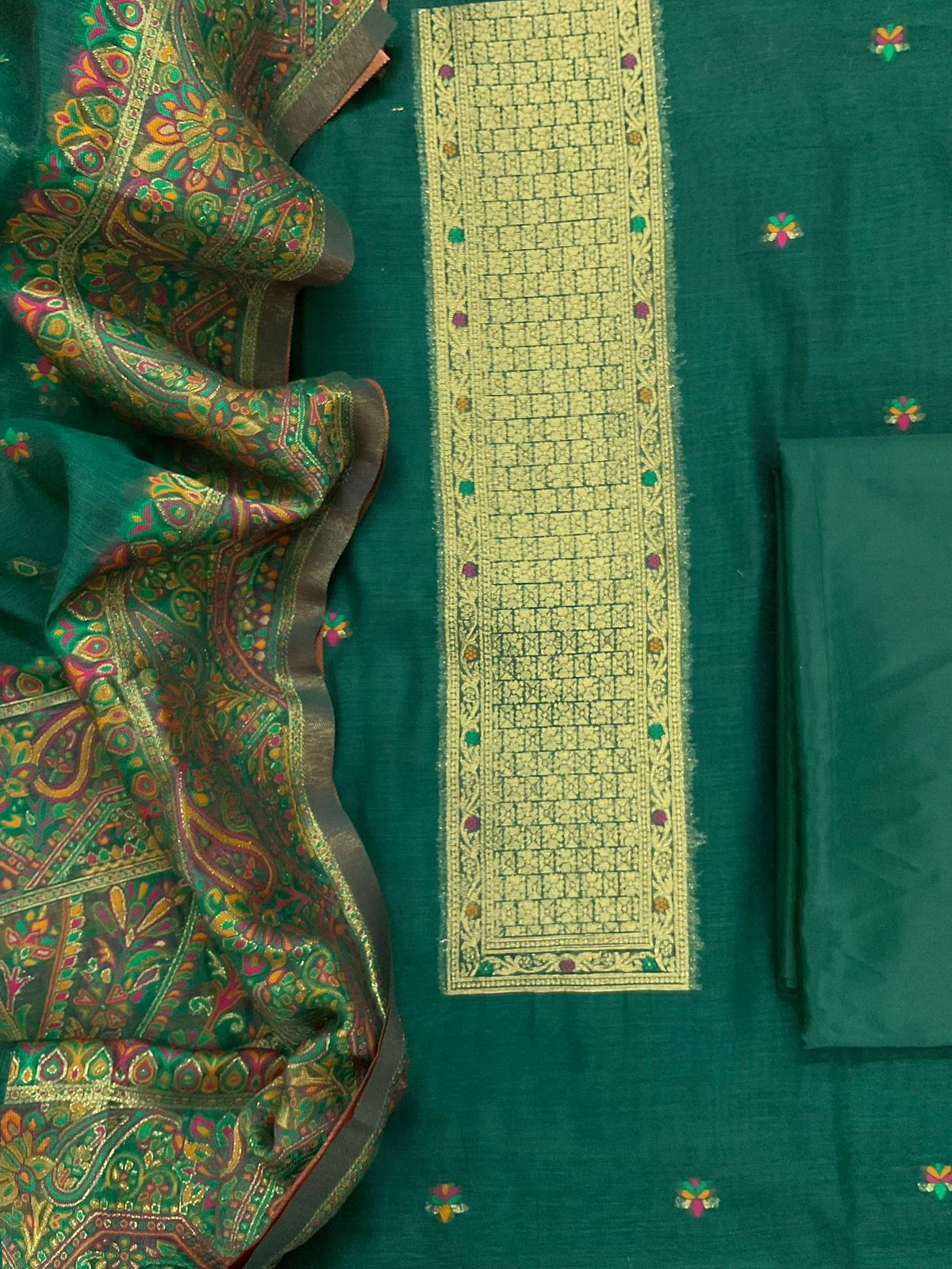 Soft Kora Chanderi Jamdani Weaved Suit - Green