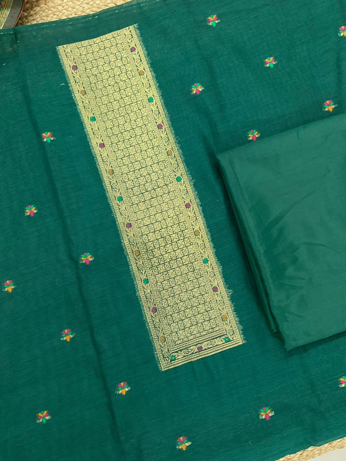 Soft Kora Chanderi Jamdani Weaved Suit - Green
