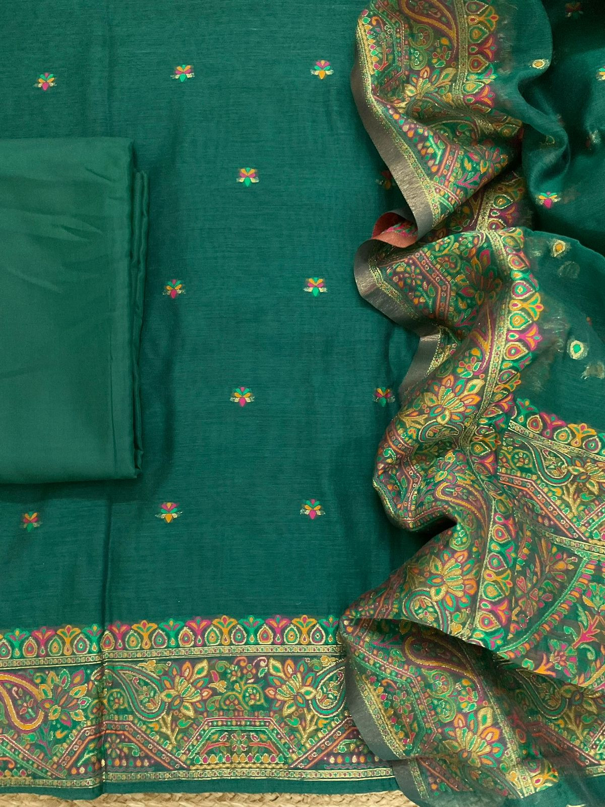 Soft Kora Chanderi Jamdani Weaved Suit - Green