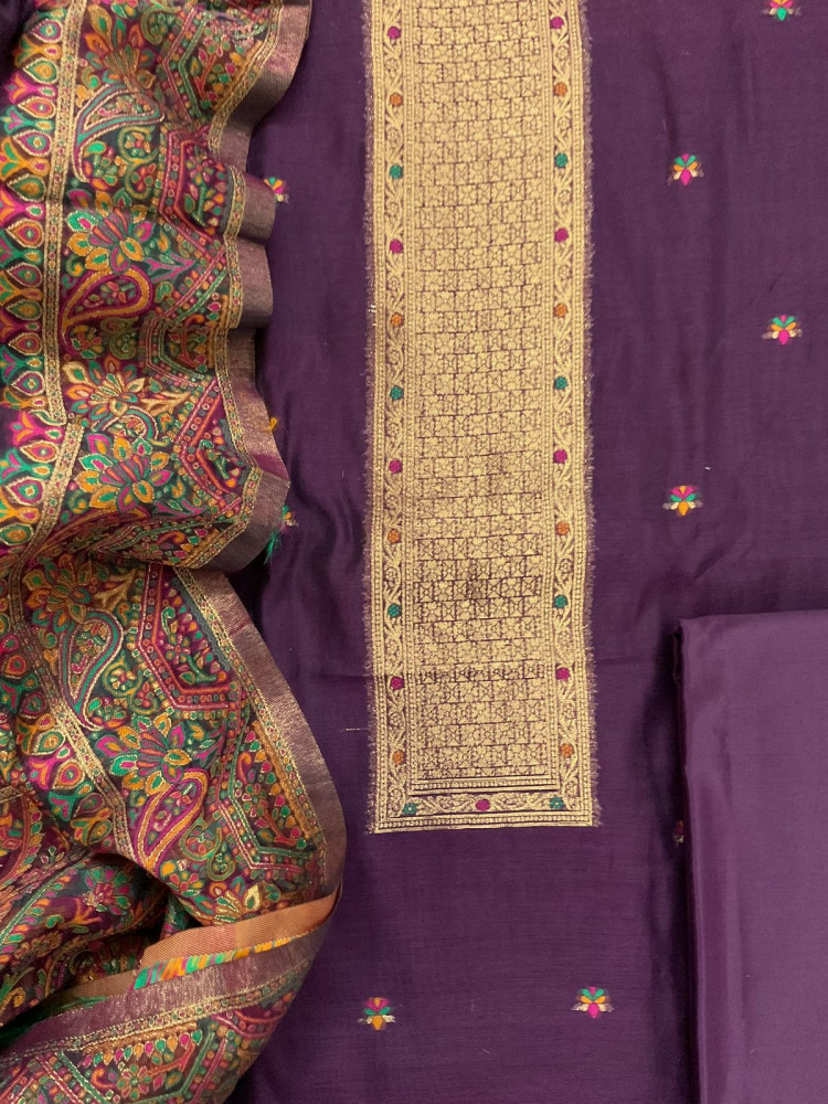 Image of Soft Kora Chanderi Jamdani Weaved Suit - Wine