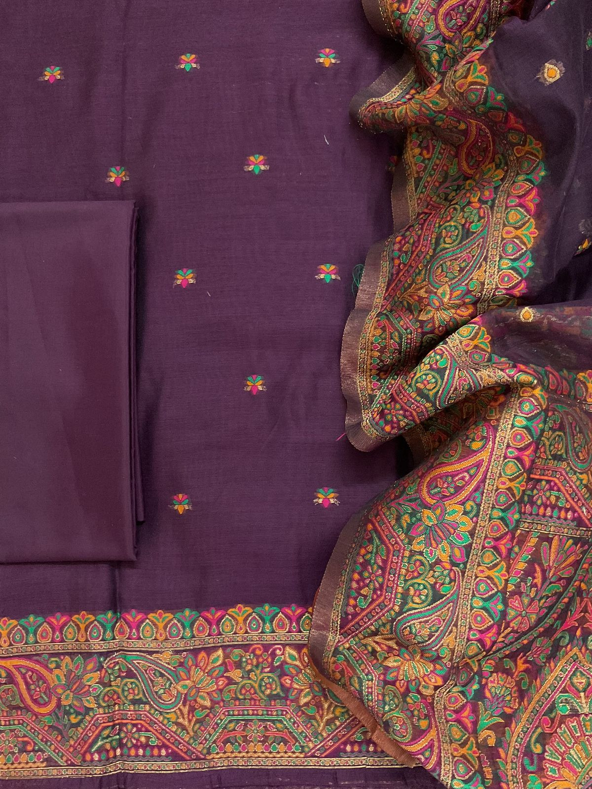 Soft Kora Chanderi Jamdani Weaved Suit - Wine