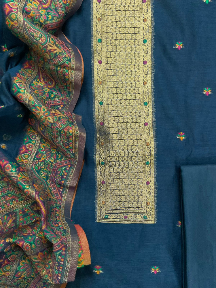 Image of Soft Kora Chanderi Jamdani Weaved Suit - Blue