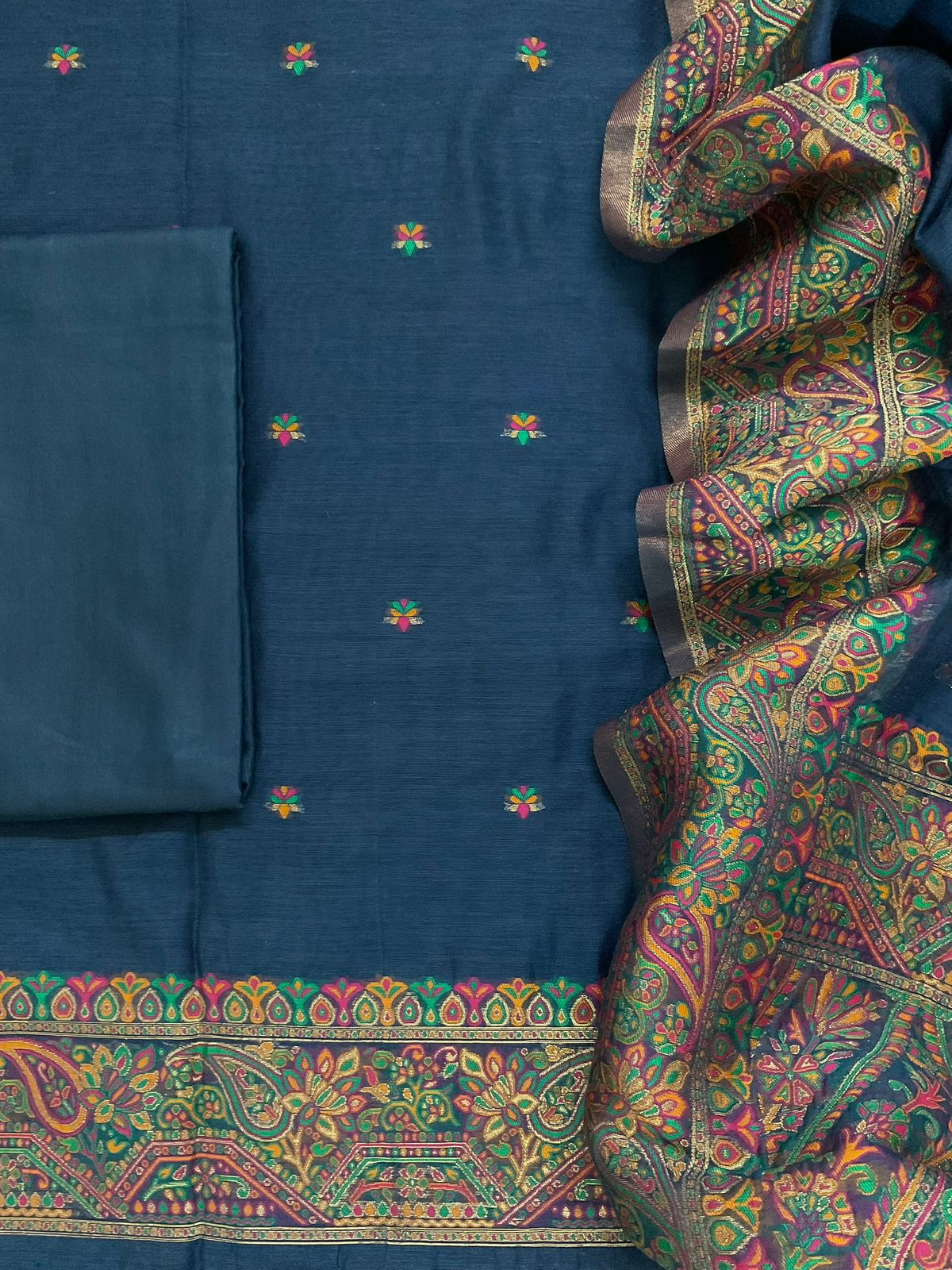 Soft Kora Chanderi Jamdani Weaved Suit - Blue