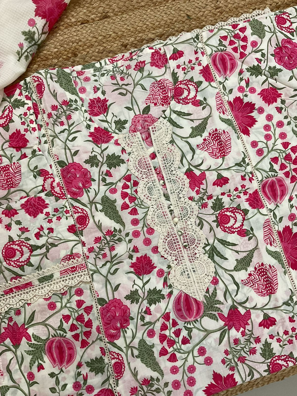 Pure Cotton Printed Embroidered Suit - Cream