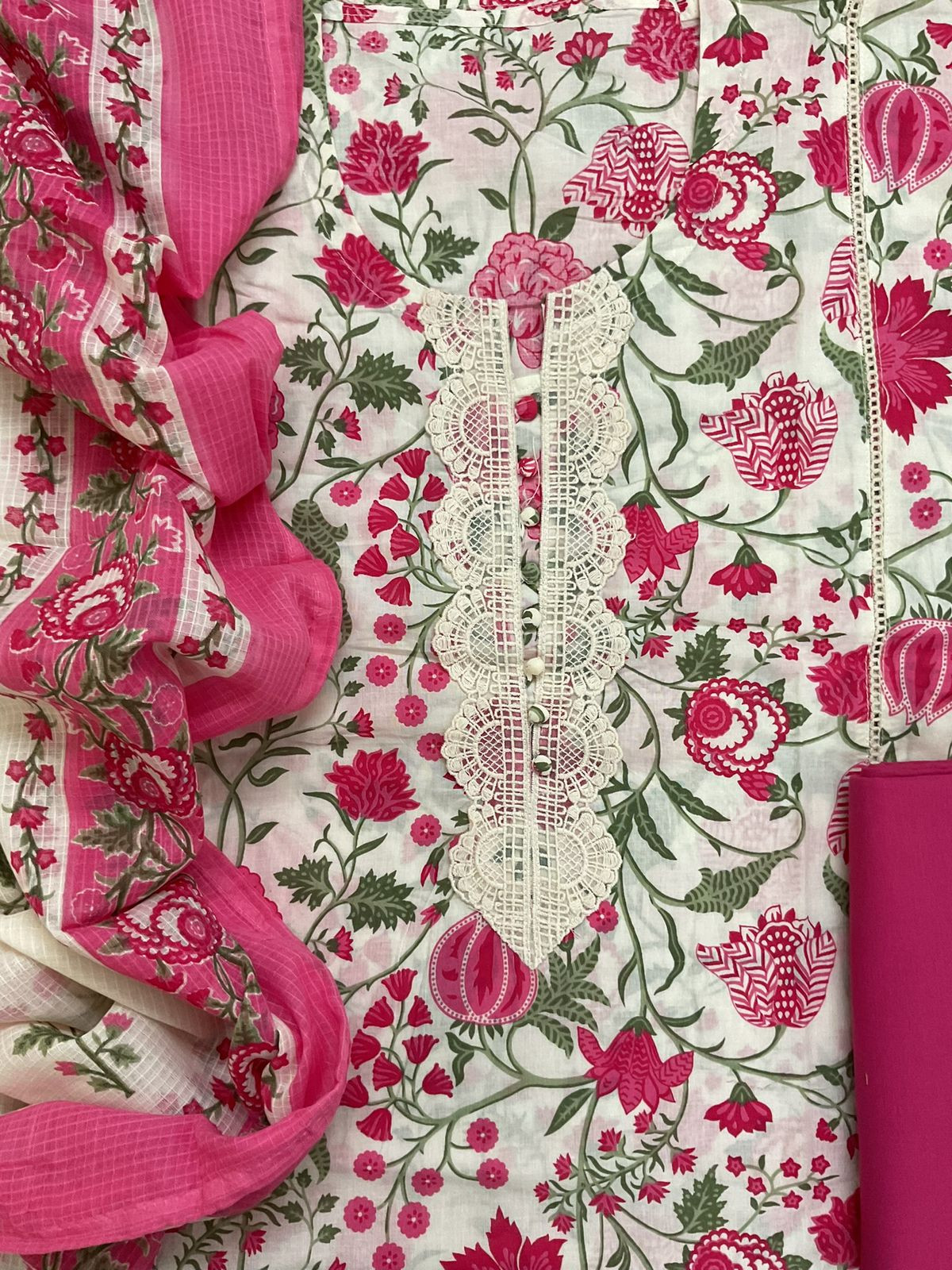 Pure Cotton Printed Embroidered Suit - Cream