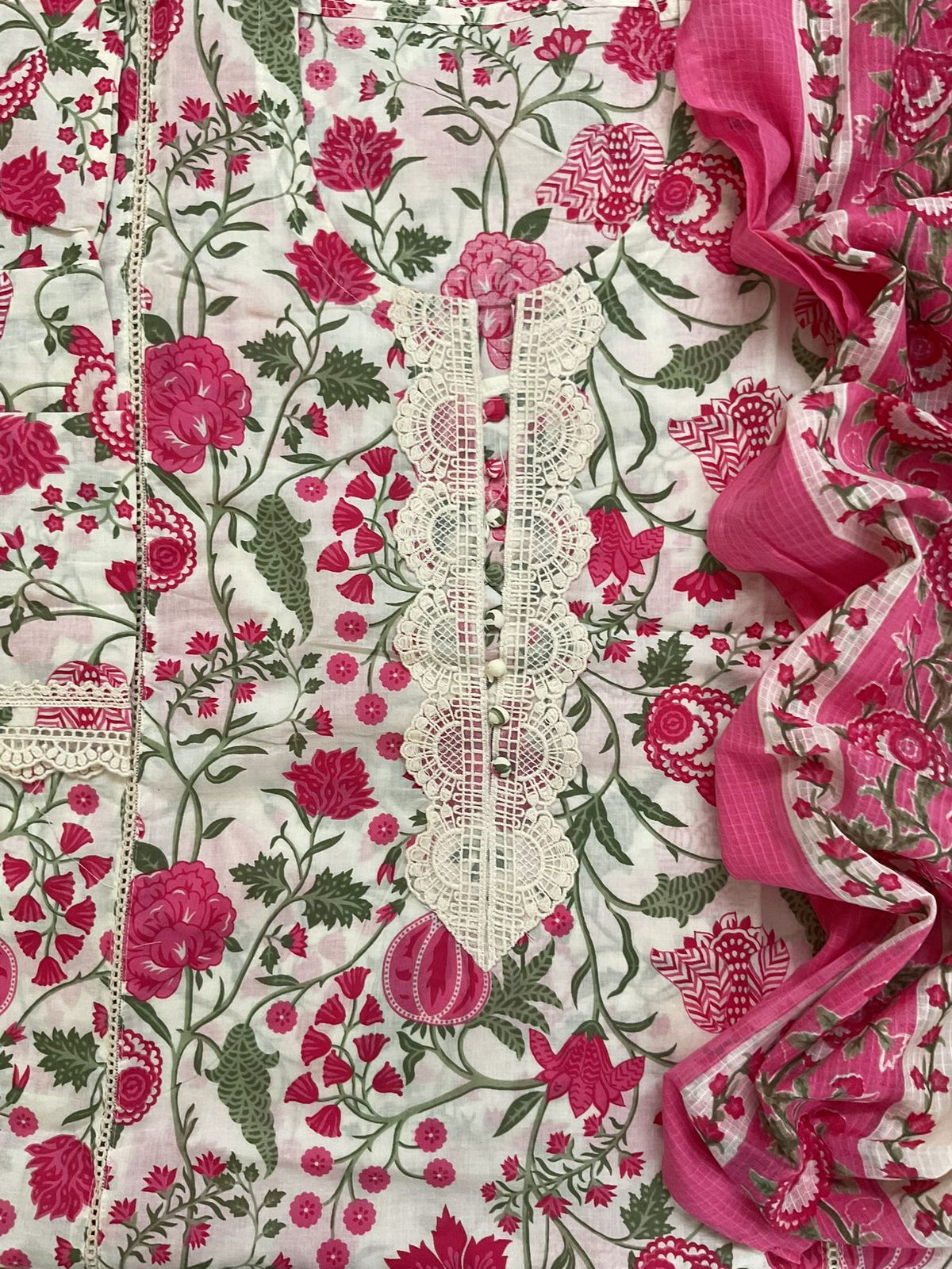 Pure Cotton Printed Embroidered Suit - Cream