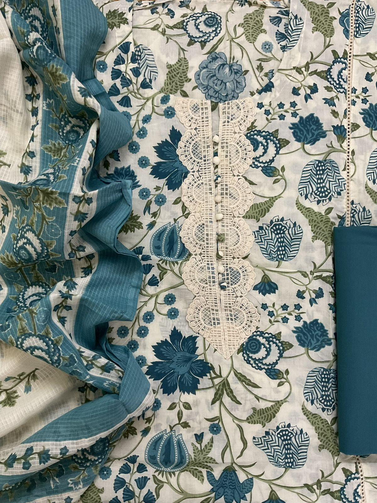 Pure Cotton Printed Embroidered Suit - Cream