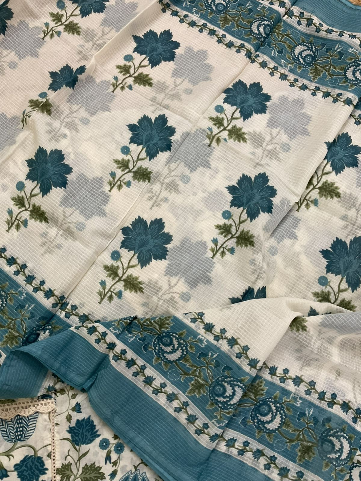 Pure Cotton Printed Embroidered Suit - Cream