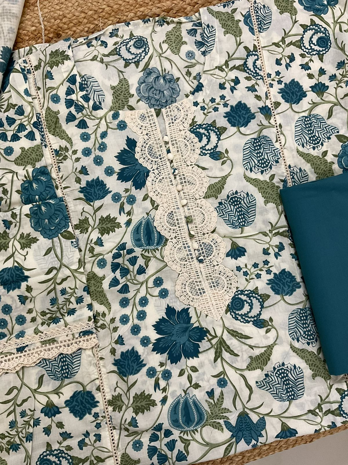 Pure Cotton Printed Embroidered Suit - Cream