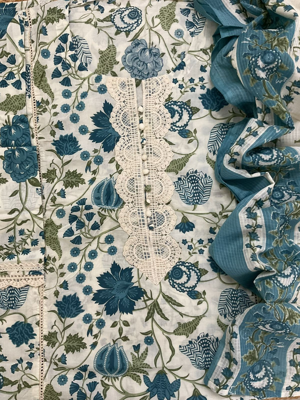 Pure Cotton Printed Embroidered Suit - Cream