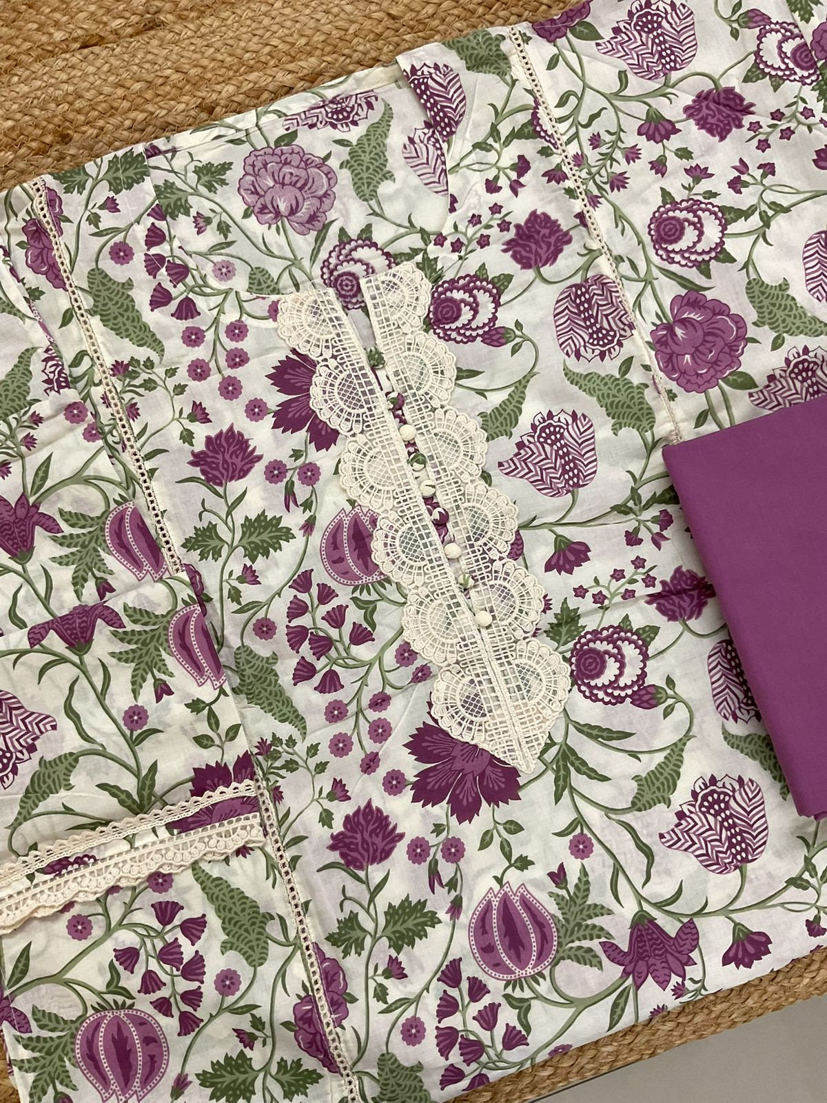 Pure Cotton Printed Embroidered Suit - Cream