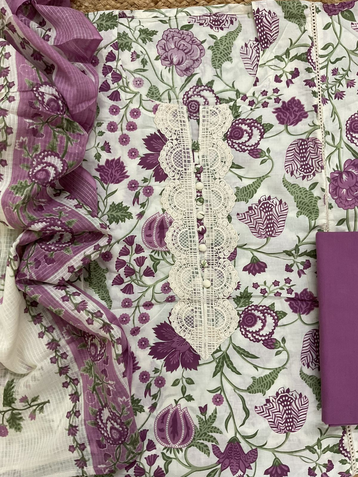 Pure Cotton Printed Embroidered Suit - Cream