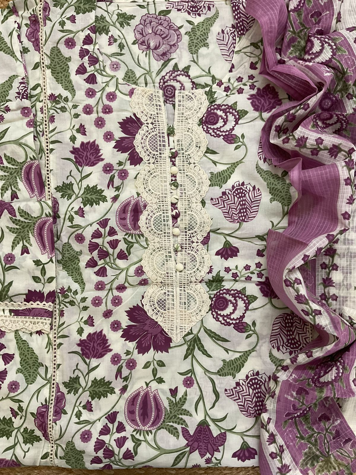 Pure Cotton Printed Embroidered Suit - Cream