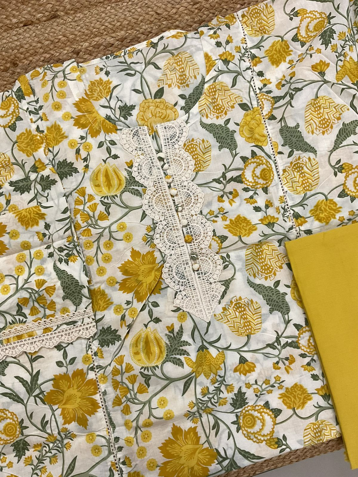 Pure Cotton Printed Embroidered Suit - Cream