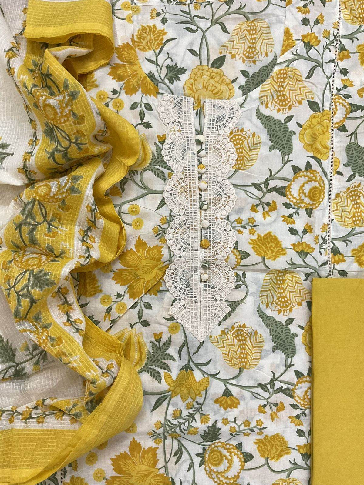 Pure Cotton Printed Embroidered Suit - Cream