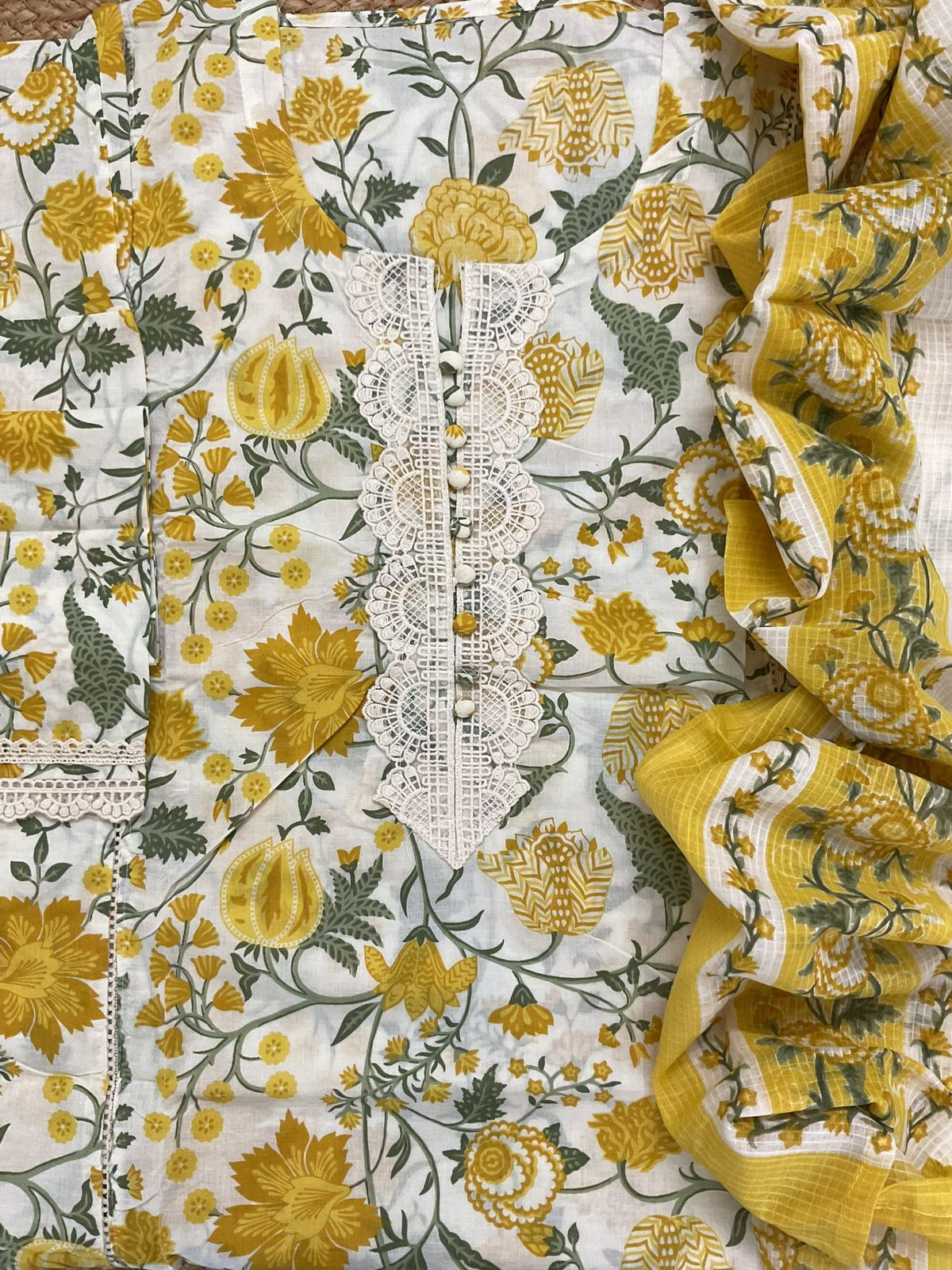 Pure Cotton Printed Embroidered Suit - Cream