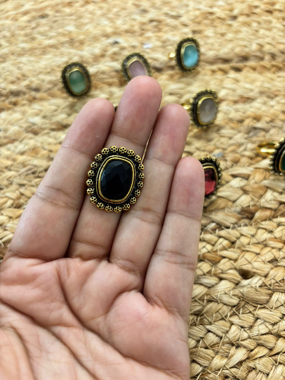 Metallic Oxidised Adjustable Gold Finger Ring - Blue