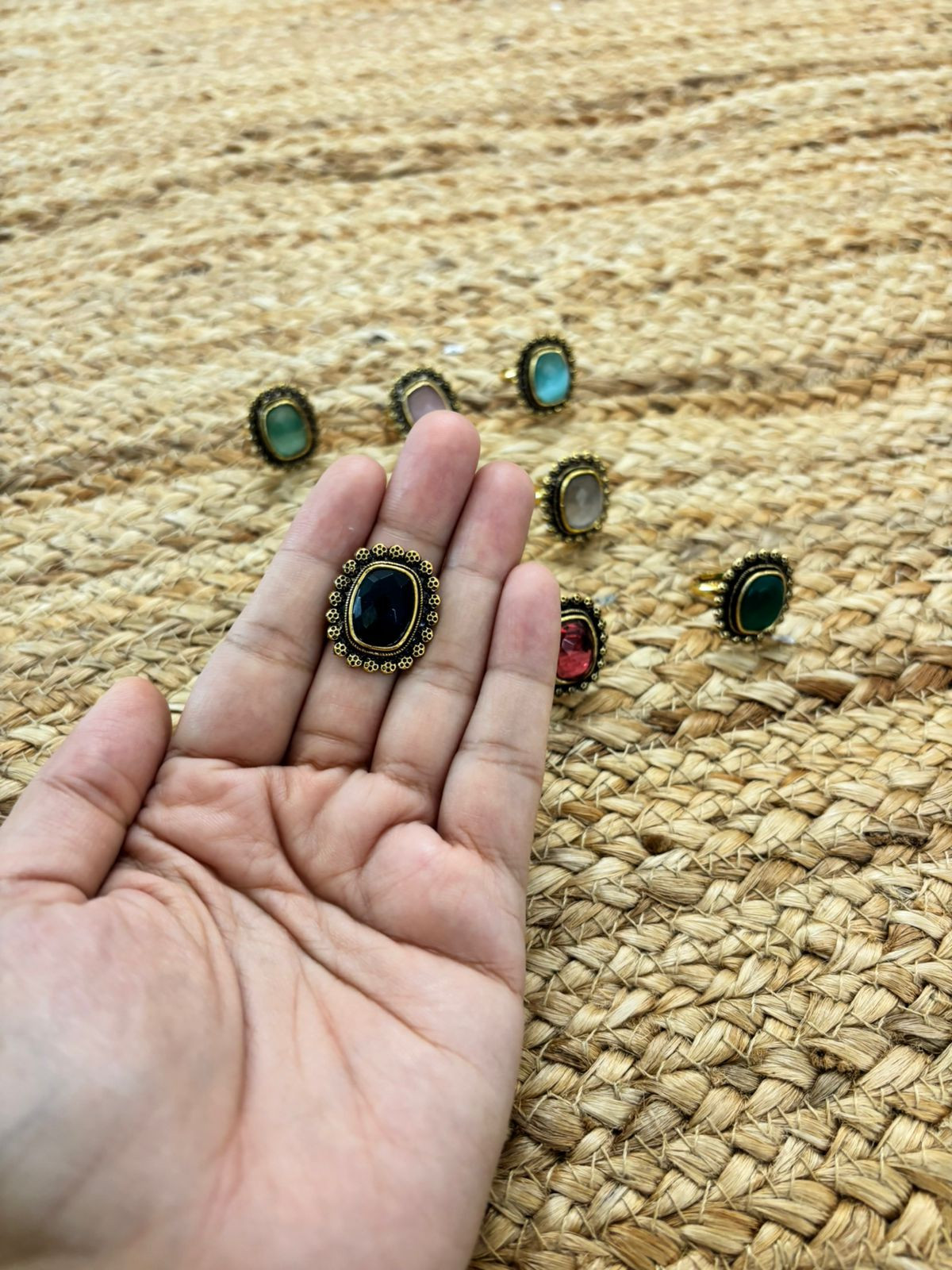 Metallic Oxidised Adjustable Gold Finger Ring - Blue