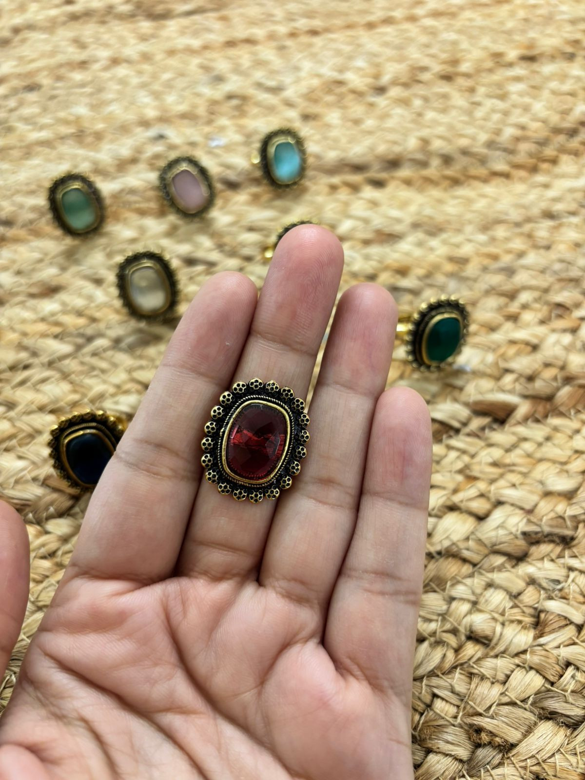 Metallic Oxidised Adjustable Gold Finger Ring - Red