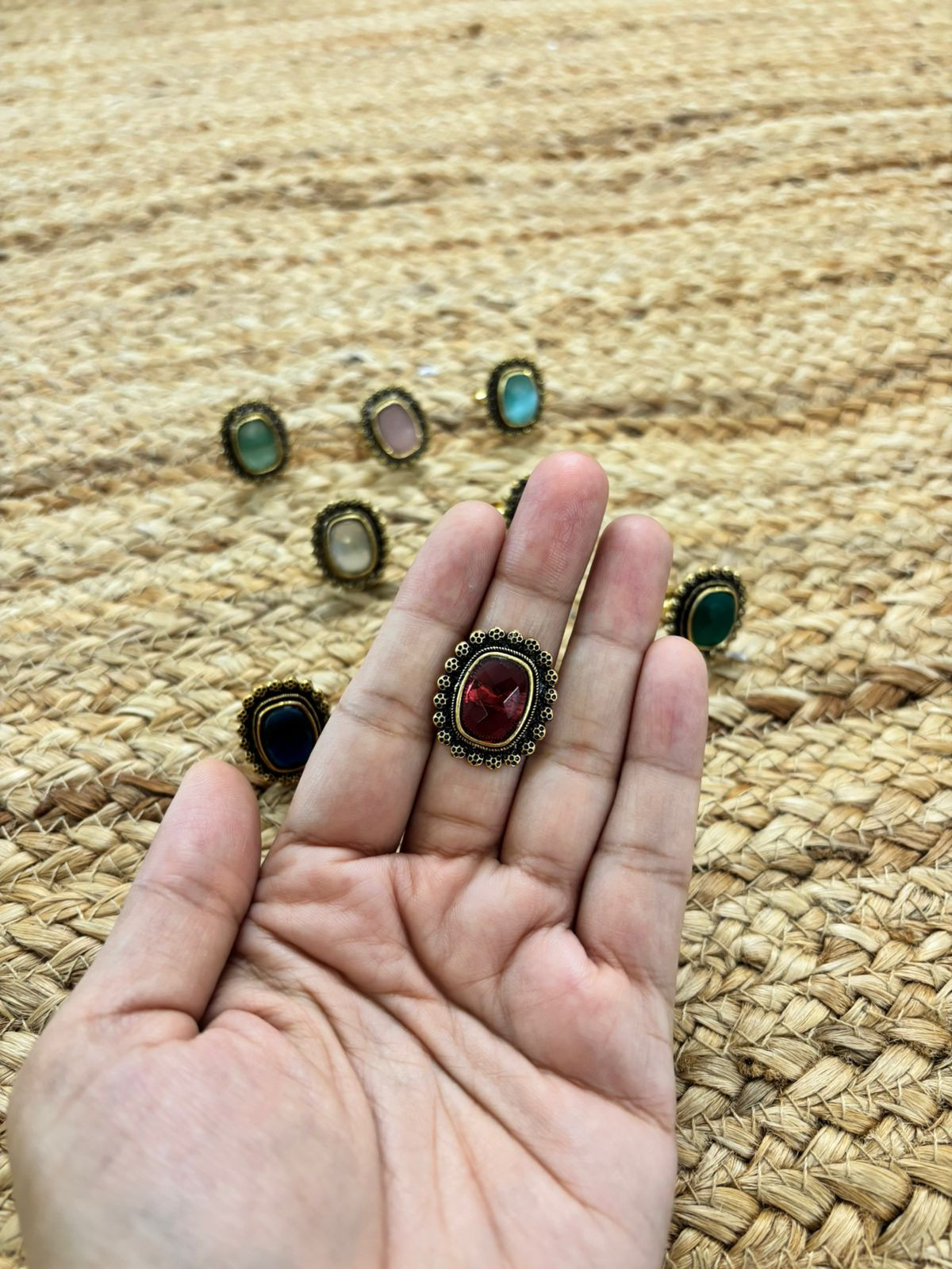 Metallic Oxidised Adjustable Gold Finger Ring - Red
