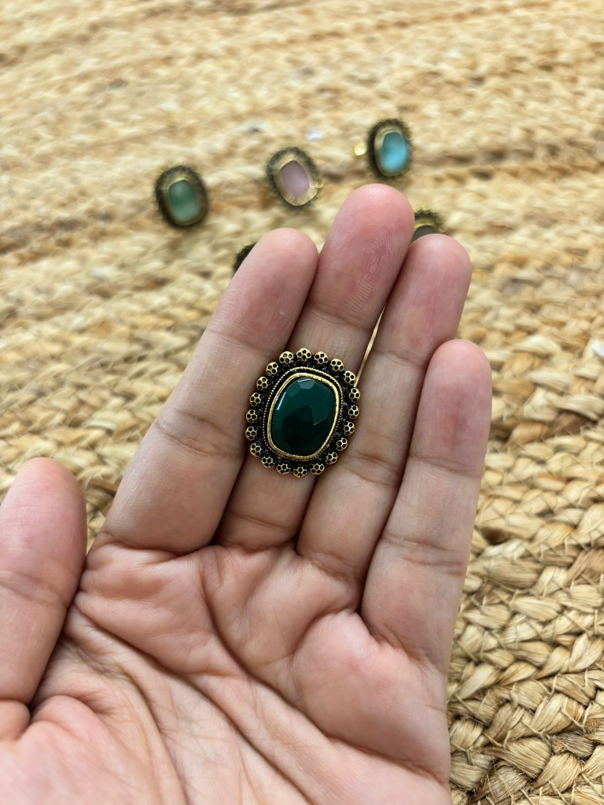 Metallic Oxidised Adjustable Gold Finger Ring - Green